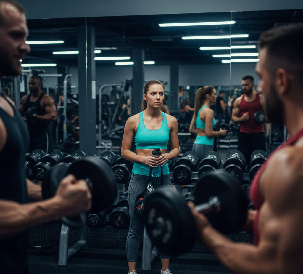 Woman in blue tank top stands near men lifting dumbbells in gym, surrounded by workout equipment and mirrors