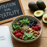 Healthy fertility nutrition with berries, nuts, greens, avo, eggs, salmon, asparagus, water, and a book on eating for two