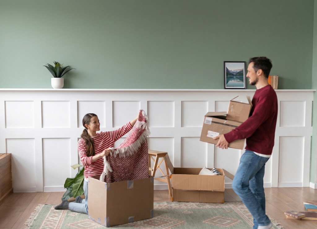 Couple unpacking boxes in new home, woman holding blanket, man carrying boxes, green wall and plant in background