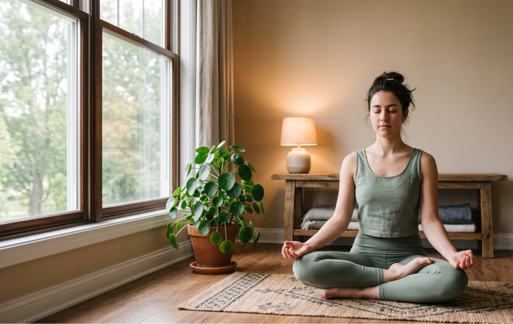 Woman meditating in serene room with houseplant, soft lighting, and peaceful atmosphere