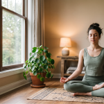 Woman meditating in serene room with houseplant, soft lighting, and peaceful atmosphere